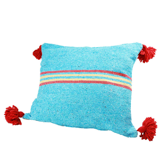 Coussin du Moyen Atlas – Bleu turquoise à pompons rouges