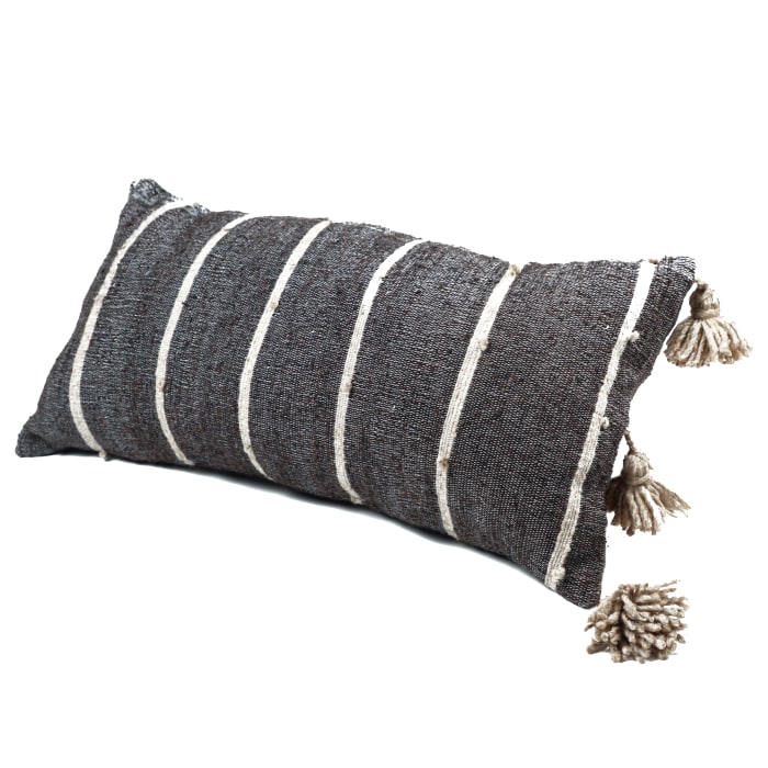 Coussin du Moyen Atlas – Anthracite rayé à pompons