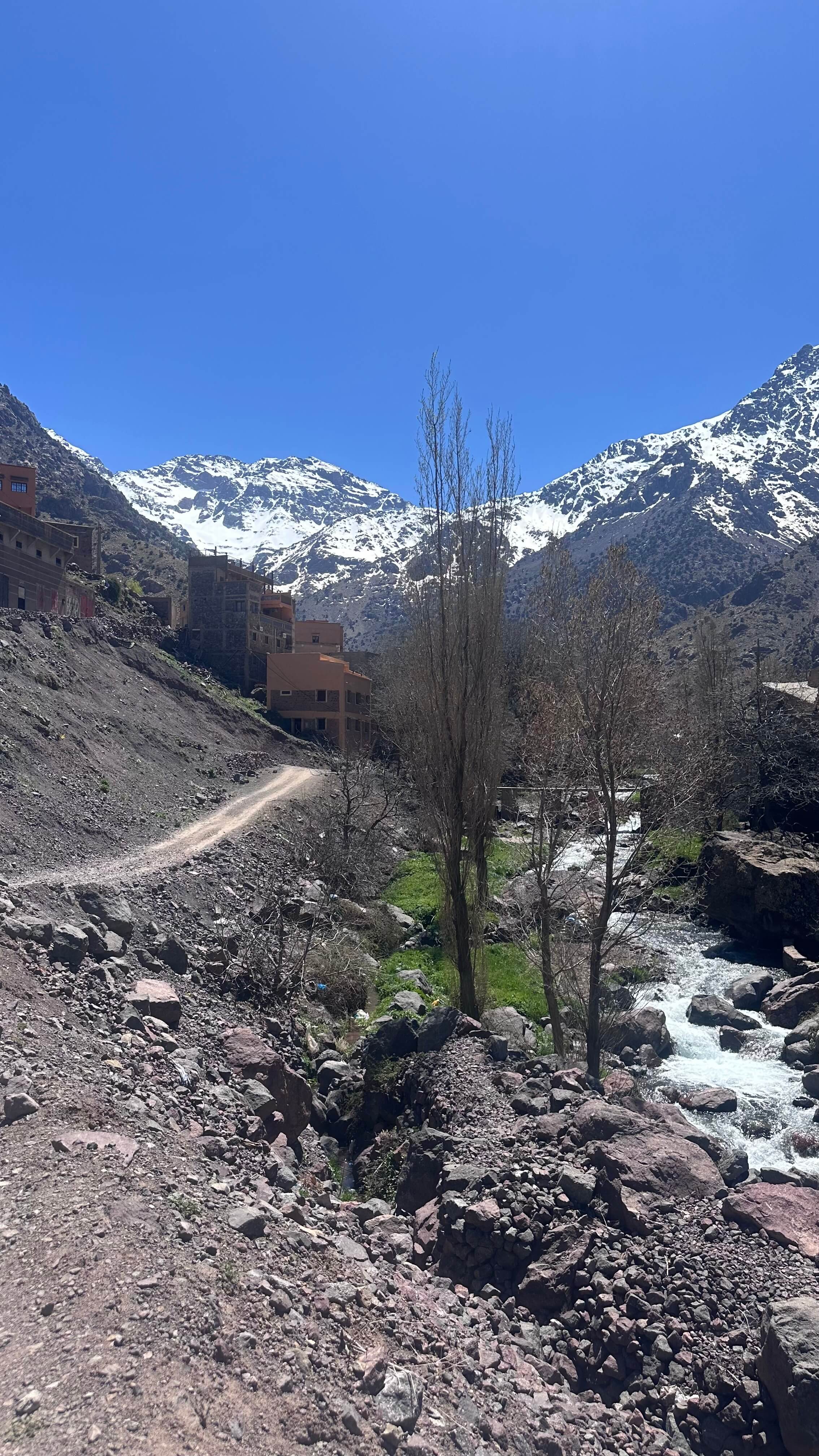 Trekkers on the 2-day Mount Toubkal route above Imlil in the High Atlas Mountains
