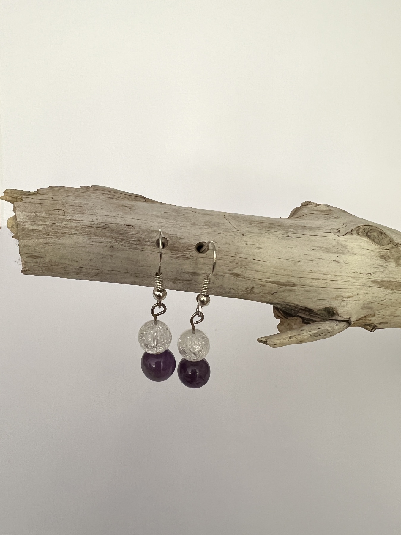 Boucles d'oreilles argentées perles Améthyste et Quartz cristal