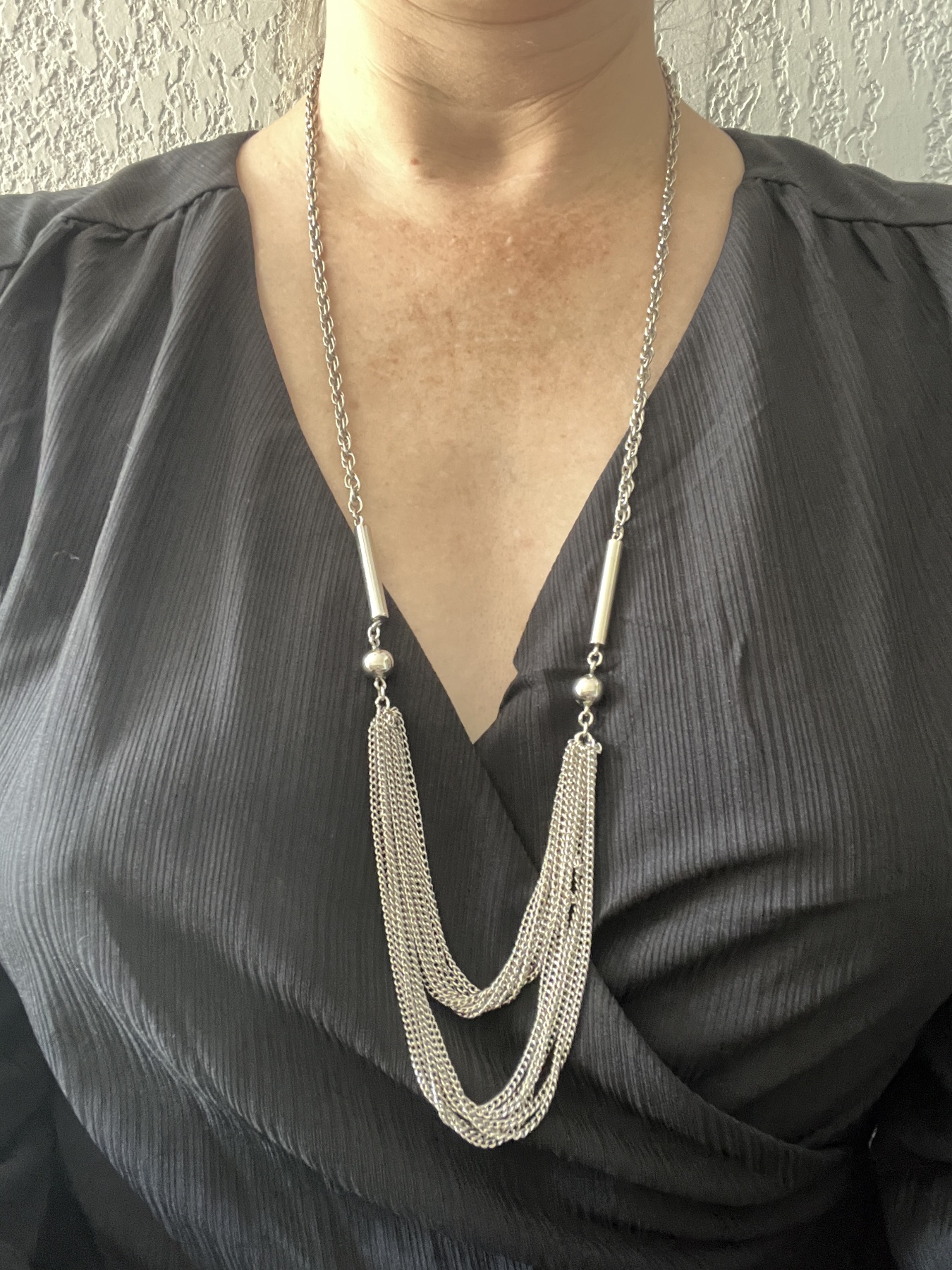 Collier sautoir argenté multi-rangs Vintage 