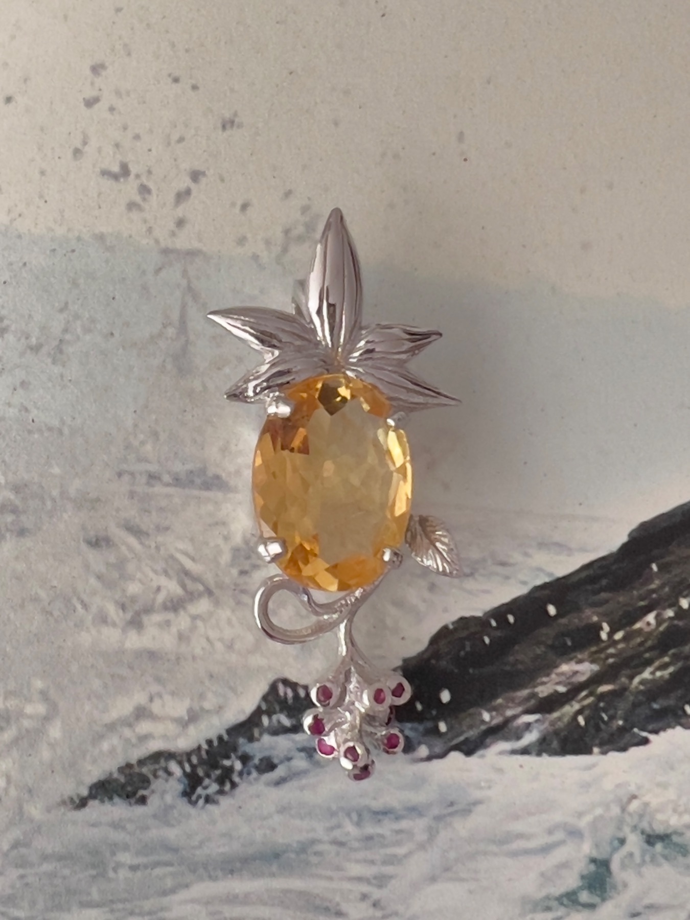 Pendentif argent plaqué or Citrine et Rubis