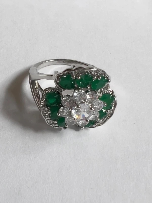 Bague argentée fleur green   2