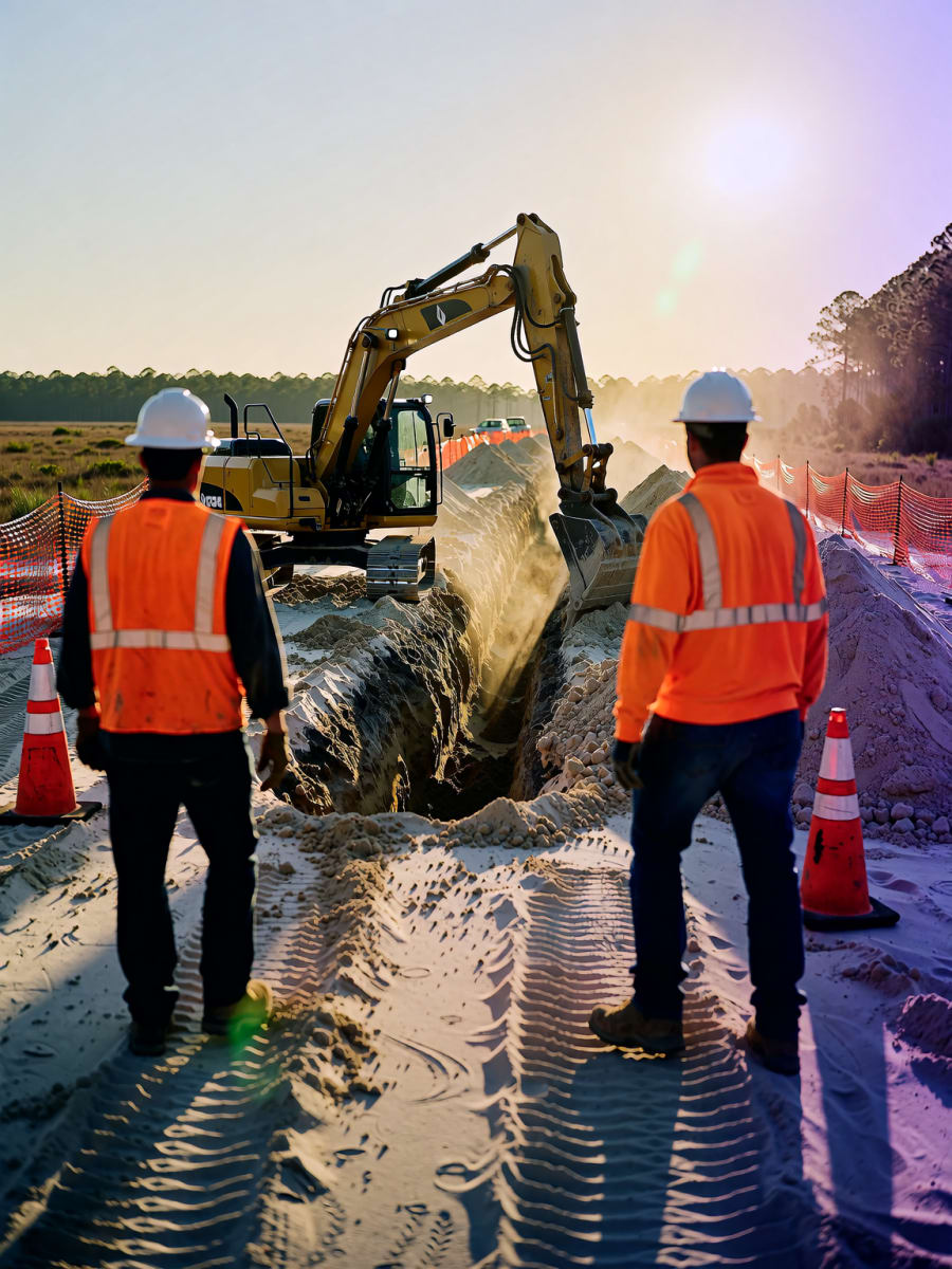 AI-generated vertical image of two utility workers and an excavator on a trench job site, made for the Renée Group website