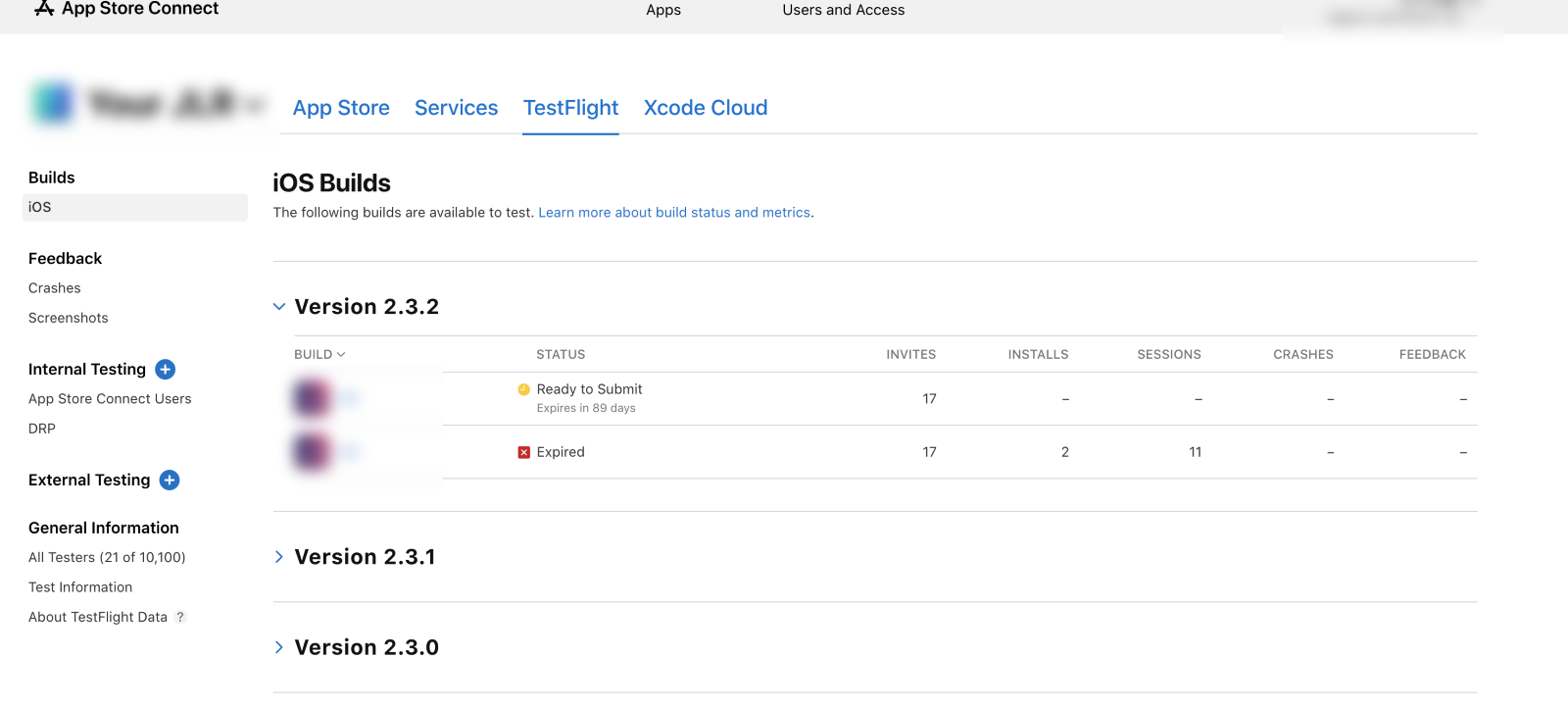 Screenshot of the Apple TestFlight manager