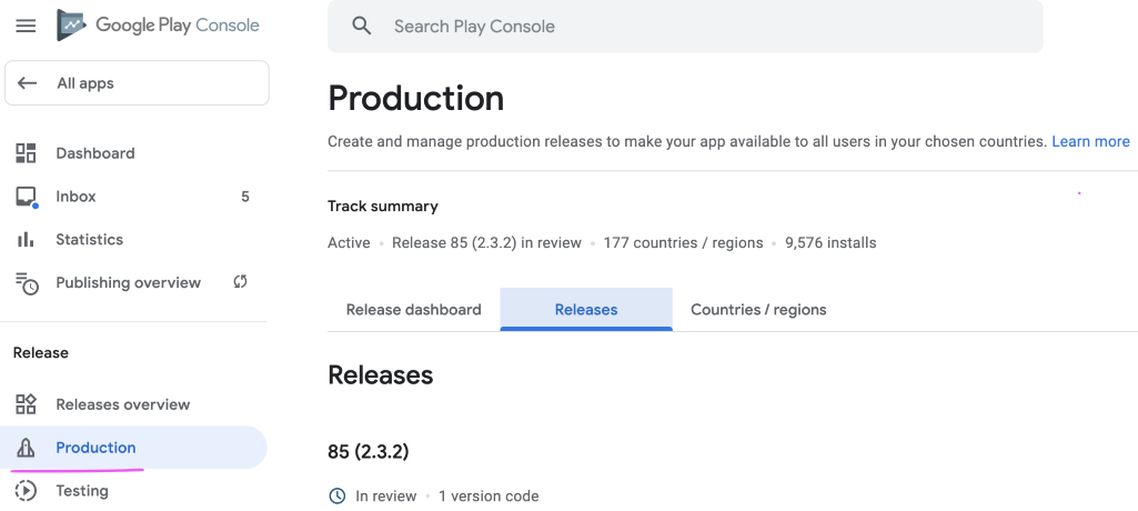Screenshot of the Google Play Console Production Release page