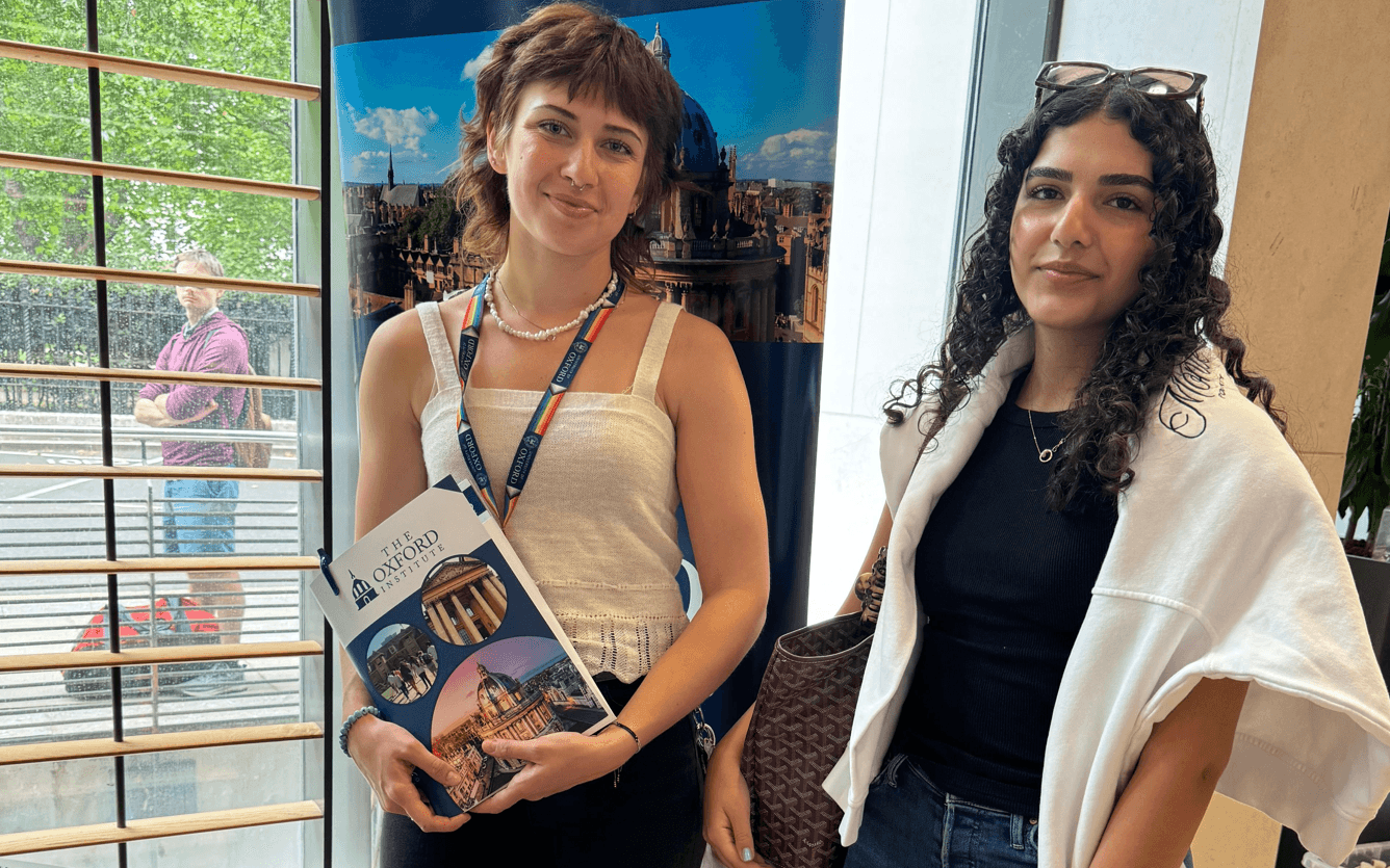 Residential dean stands with a university student from Lebanon attending the Oxford London Summer Program at Imperial College—promoting academic mentorship and cross-cultural exchange.