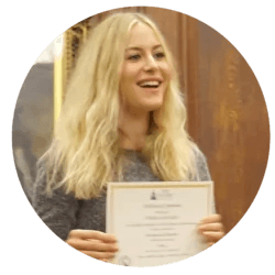 Oxford Summer Program group certification photo featuring a German student; participants receive BAC-recognised certificates, essay writing workshops, and tutor references, supporting their academic and future success.