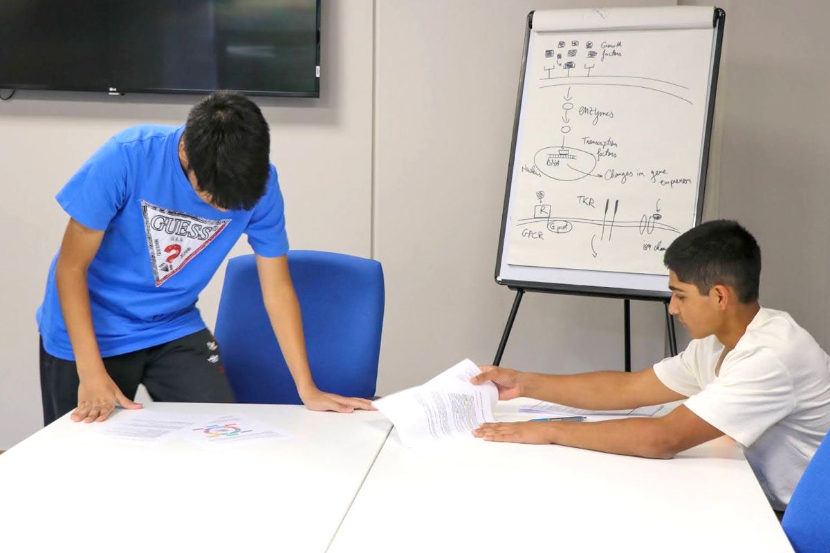 2023 participants of the Oxford Summer Program are sitting together in a tutorial room, collaborating on their group presentation and engaging in active academic discussion
