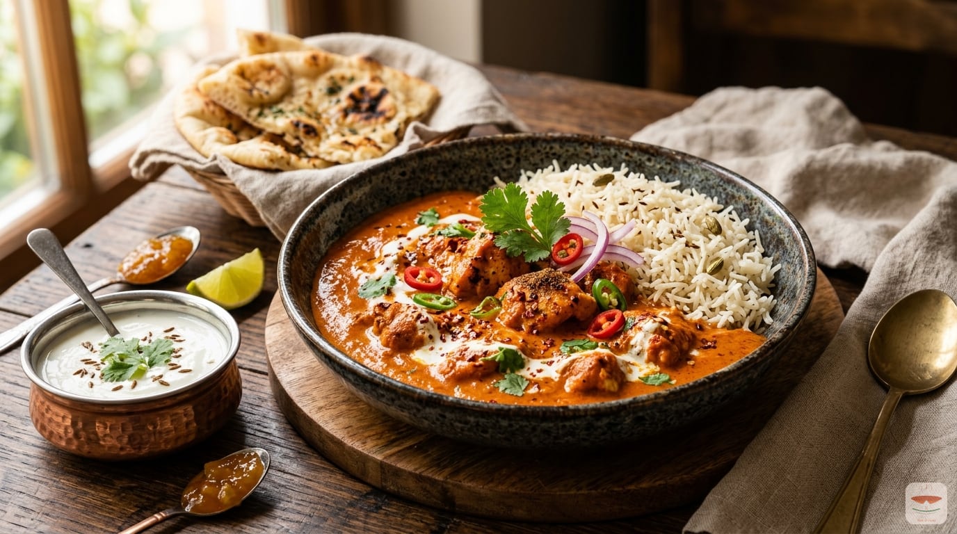 spicy Indian butter chicken bowl. professional food photography, soft natural window light, styled garnish, no text, no 
