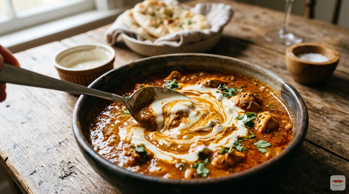 cream stirring into curry sauce. Warm lifestyle photography, magazine quality. IMPORTANT: absolutely no people, no faces