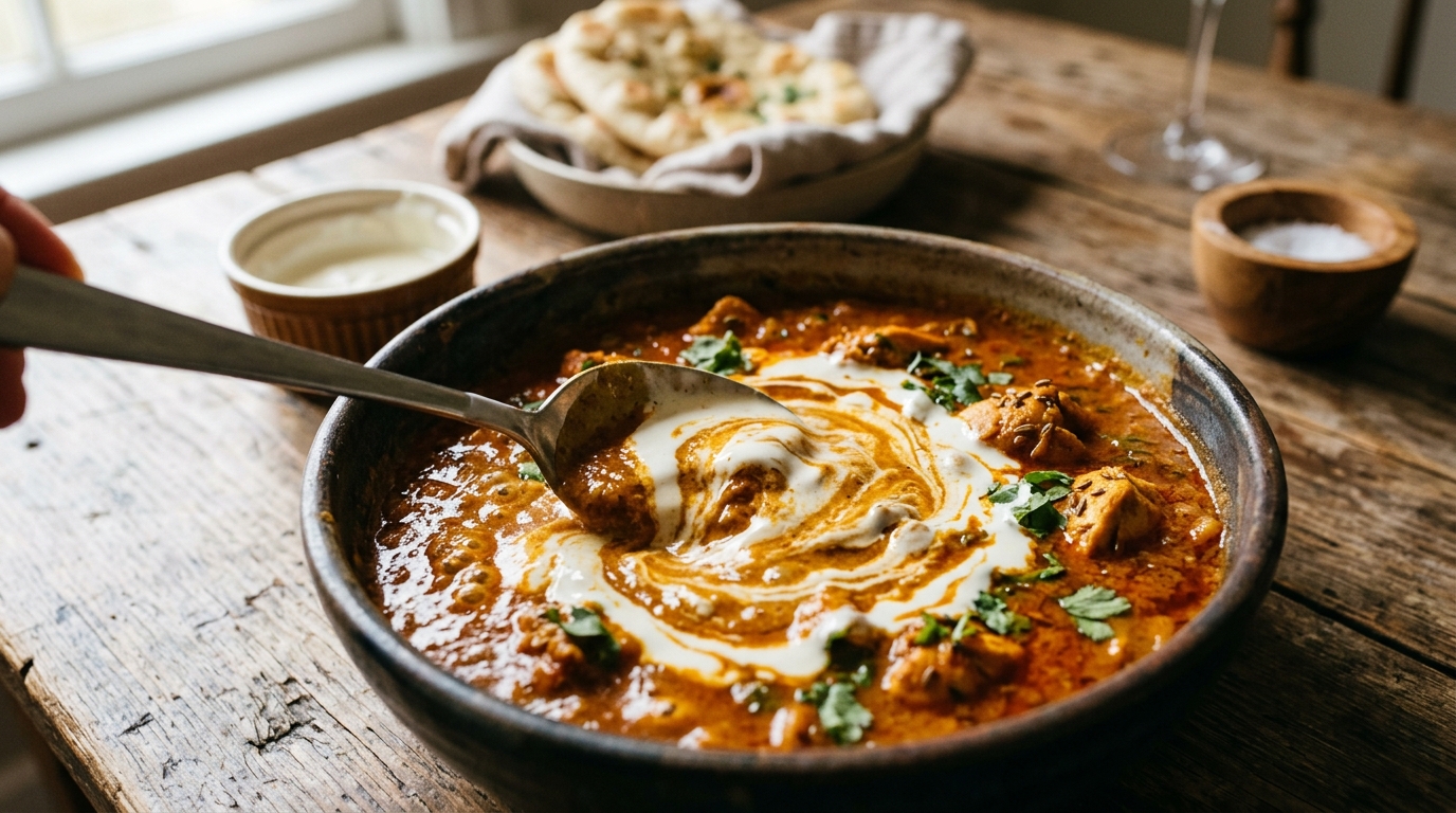 cream stirring into curry sauce