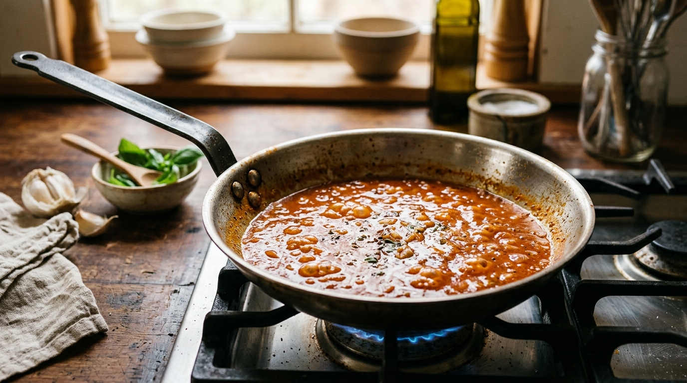 simmering tomato butter sauce pan