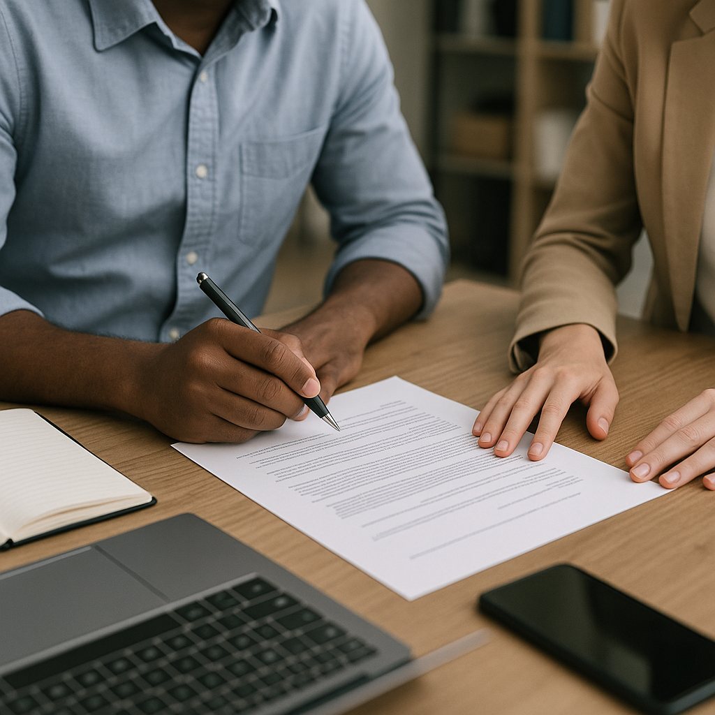 Two people review a document on a wooden desk with a laptop and smartphone nearby, one person holding a pen.