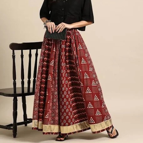 Printed A line flared cotton maxi skirt