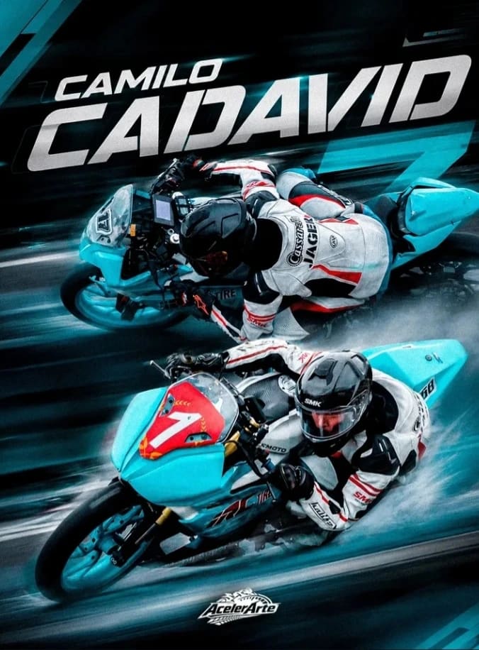 Flyer deportivo de moto — Camilo Cadavid, cyan
