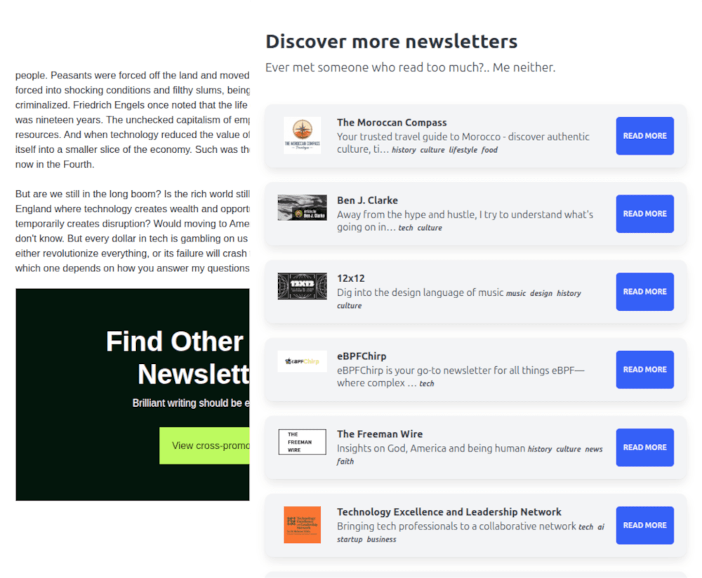 A link is pasted into a post, and is overlaid with cards showing other newsletters