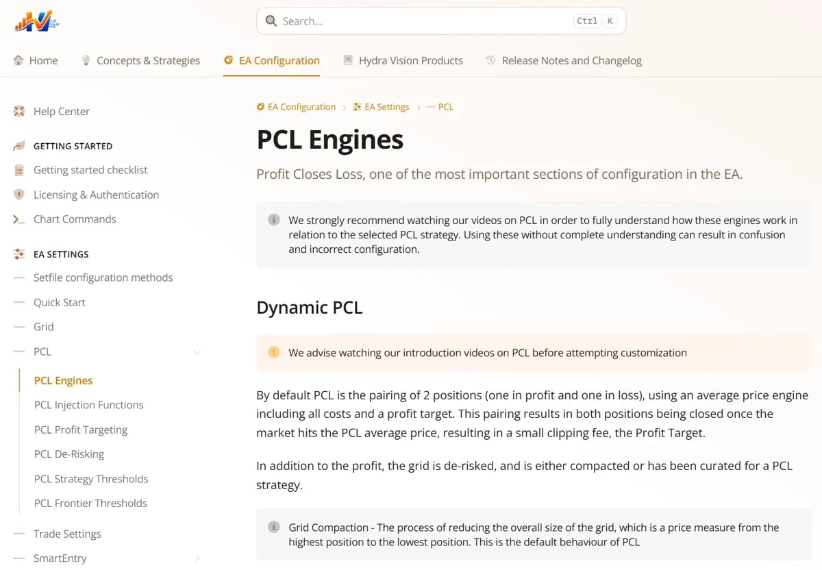 A Hydra Vision help guide page explaining a group of EA settings