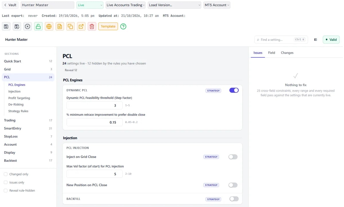 The Setfile Builder showing a Hydra Vision setfile organised into tabs, categories and groups of settings