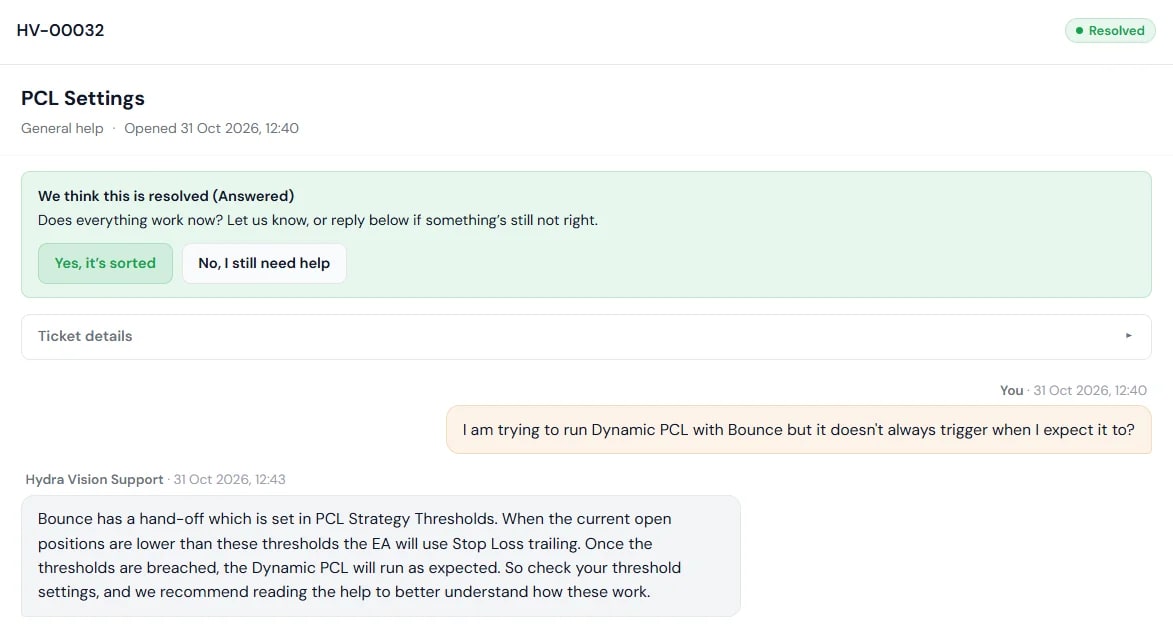 A Hydra Vision support ticket showing its status and the conversation with the support team