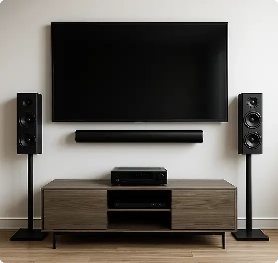 A flat-screen TV is mounted on a wall above a soundbar, with two floor-standing speakers and an audio receiver on a wooden media console below.