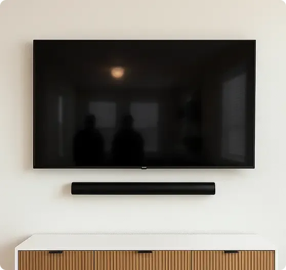 A flat-screen TV is mounted on a white wall above a soundbar, with a wooden cabinet below. Two faint reflections are visible on the TV screen.