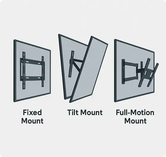 Diagram showing three TV wall mount types: fixed mount, tilt mount angled downward, and full-motion mount extended and swiveled.