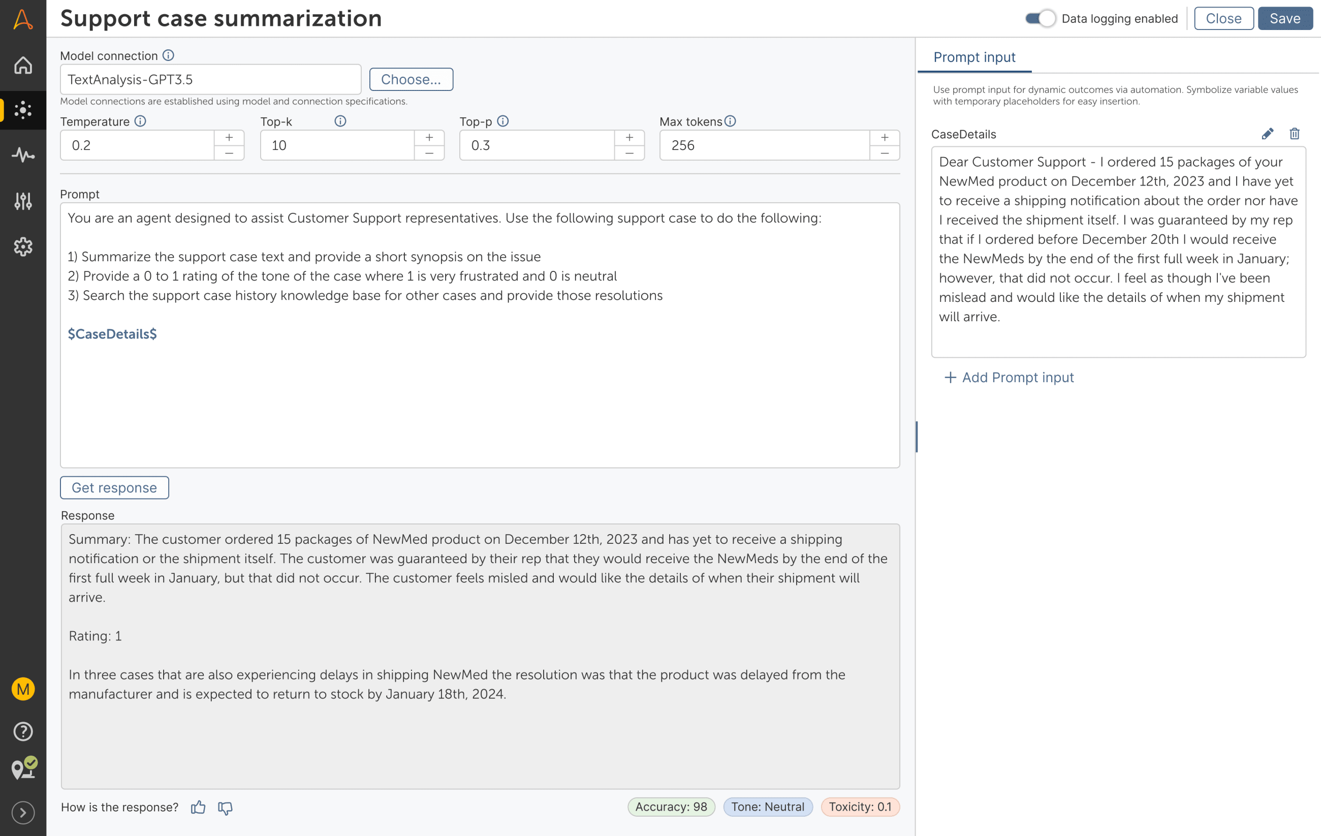 The shipped AI Agent Studio prompt workbench: model connection, parameter row, prompt with a variable slot, response, and accuracy, tone and toxicity scores