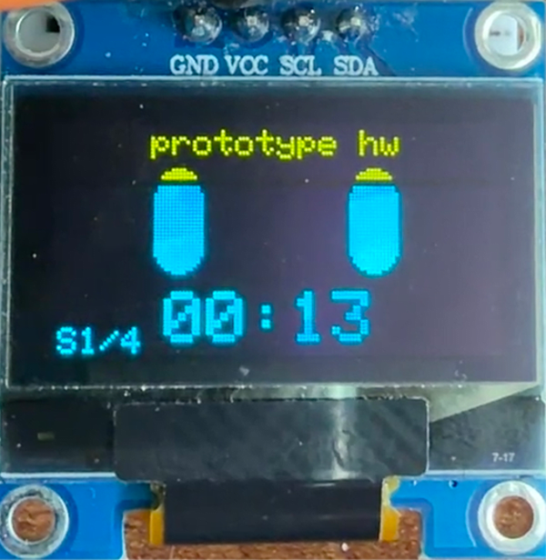 OLED showing tall open eyes and the timer, session one of four