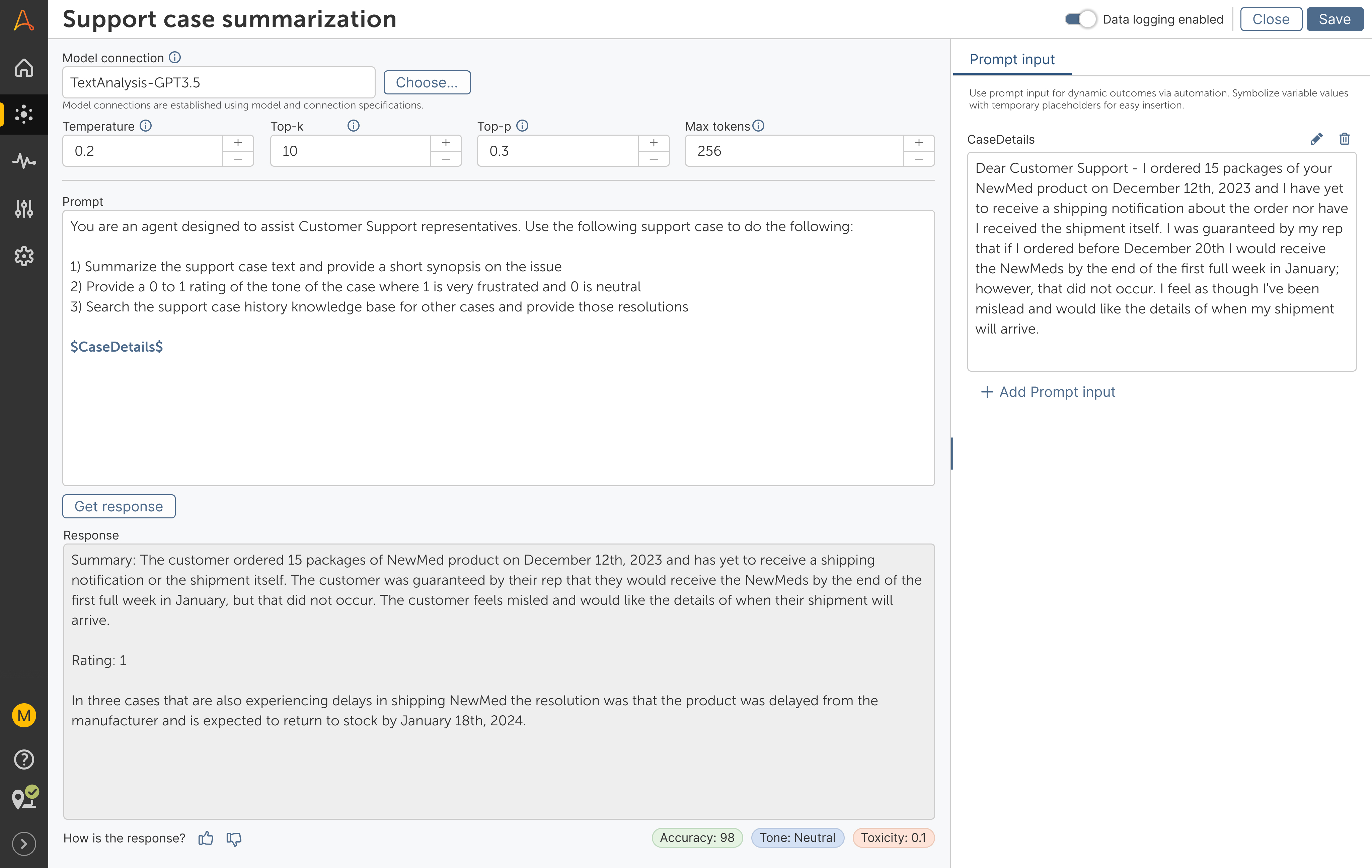 Support case summarization workbench in AI Agent Studio