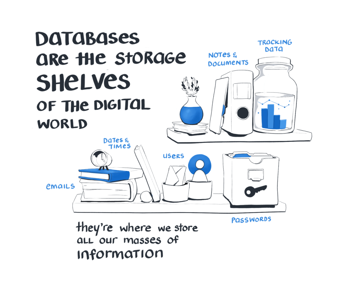 Databases are the storage shelves of the digital world. They're where we store all our masses of information.