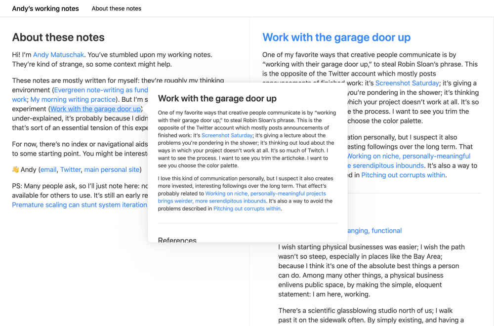 Site de notas de Andy Matuschak com visualizações de links hover