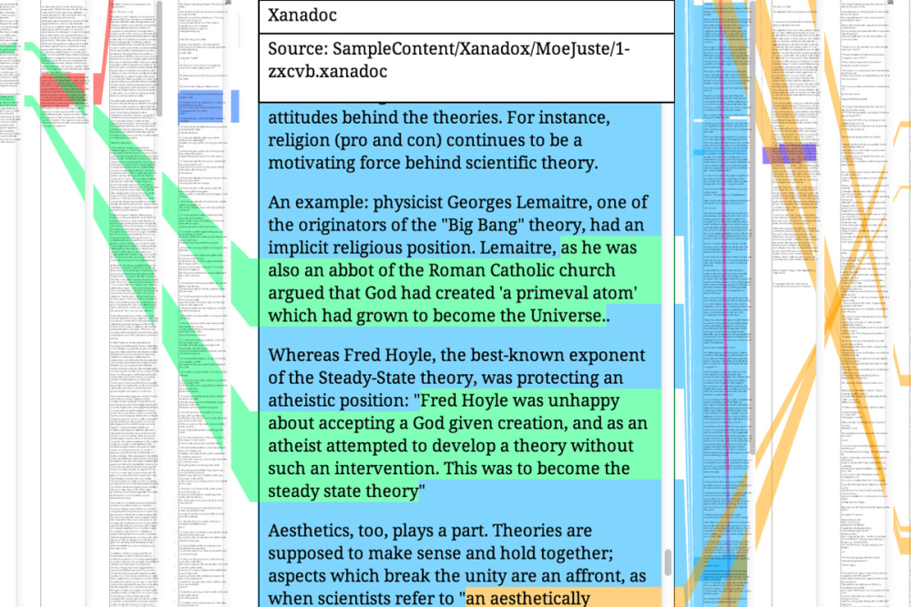 A design mockup of how Project Xanadu might visually connect pieces of text across multiple documents