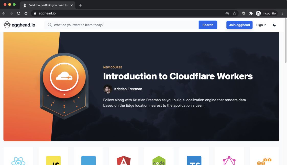 screenshot of egghead home page with cloudflare workers banner