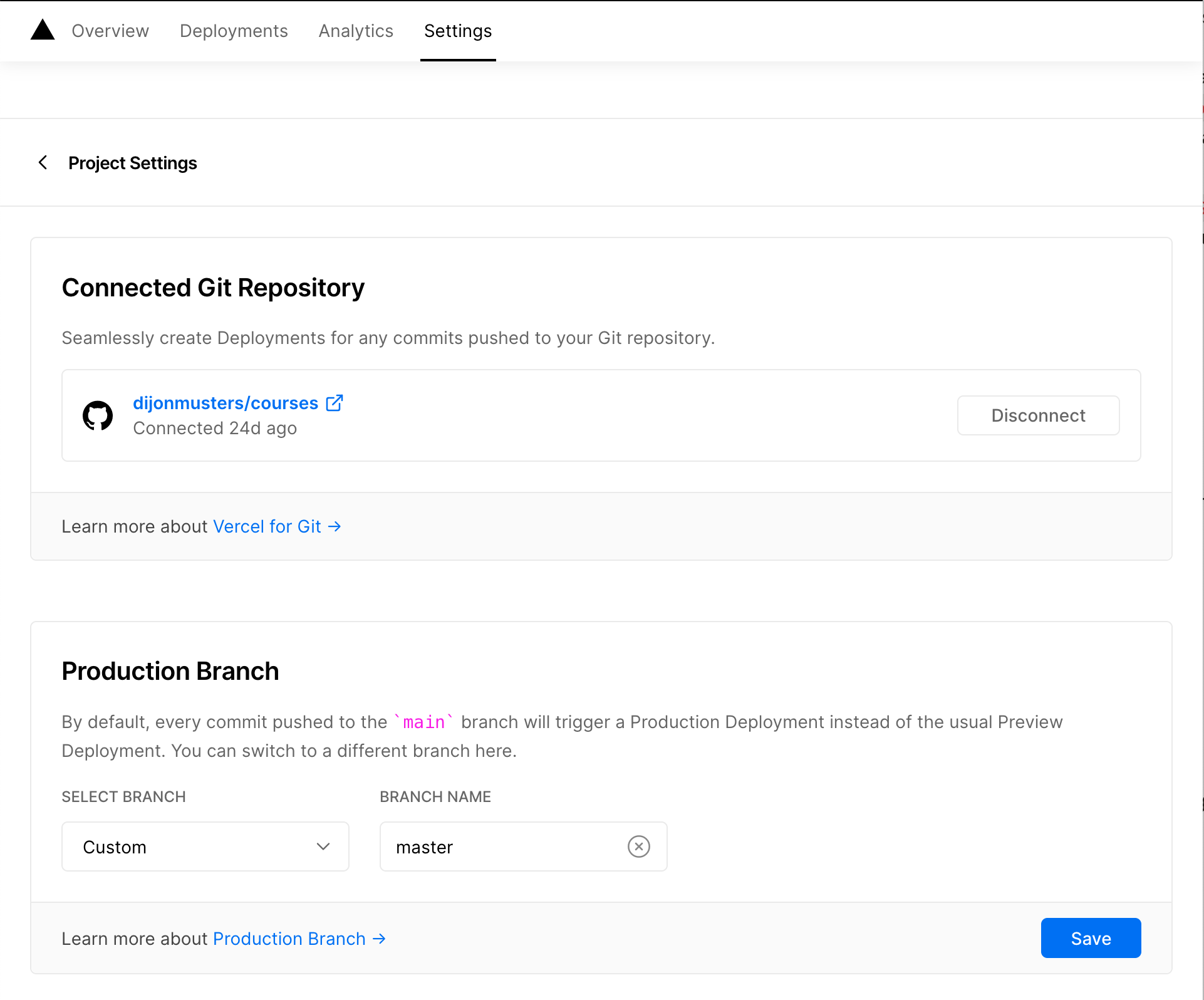 Git Repository and branch settings