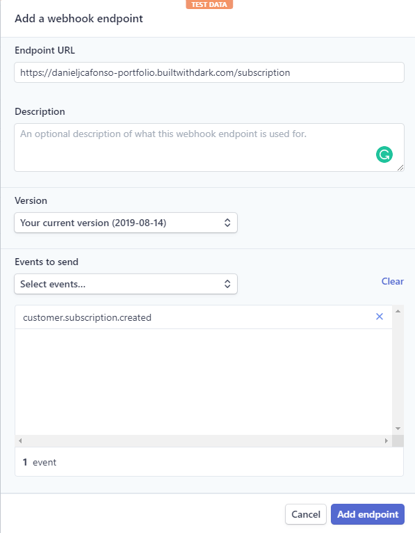 Adding a webhook on Stripe