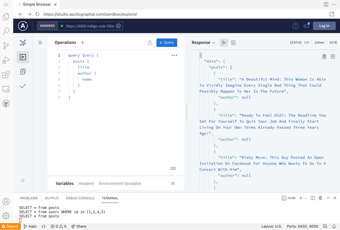 a gitpod showing a graphql query