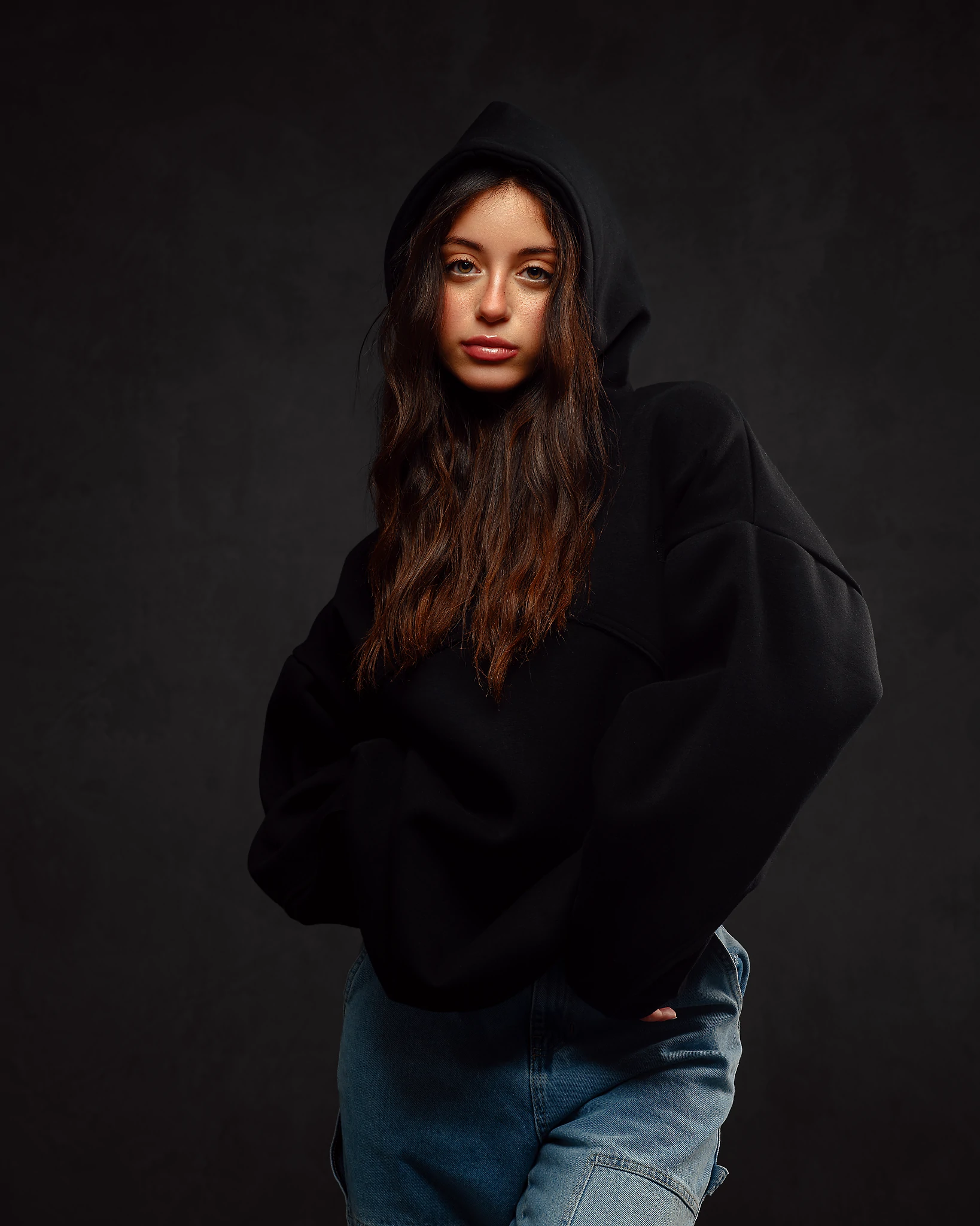 A high-fashion shot with professional retouching.