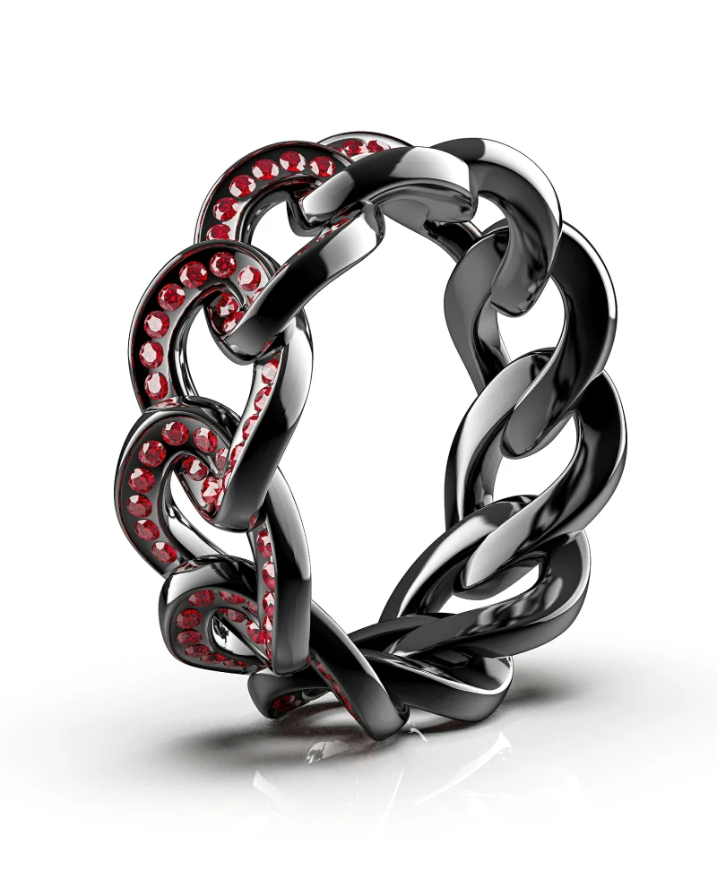 Detailed view of intricate silver band.