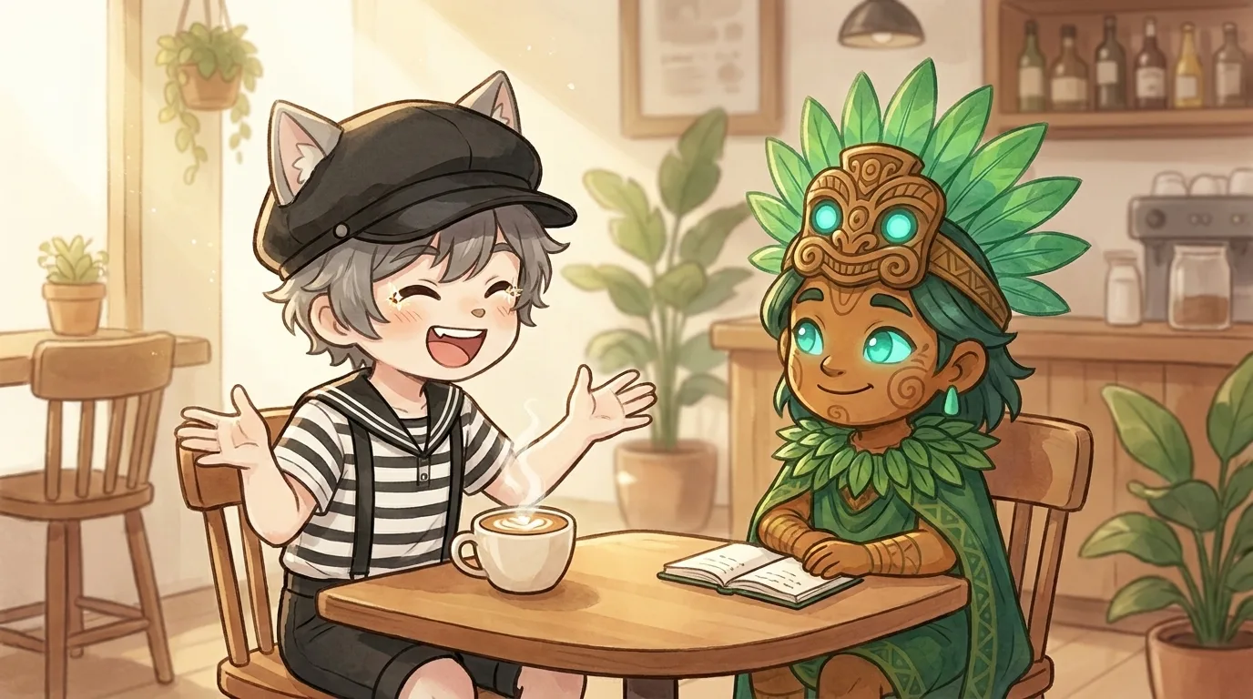 カフェのテーブルで楽しそうに両手を広げて熱中して話すテトと、優しく聞き入るTiki。関係性を育てると対話が楽しみに変わる様子