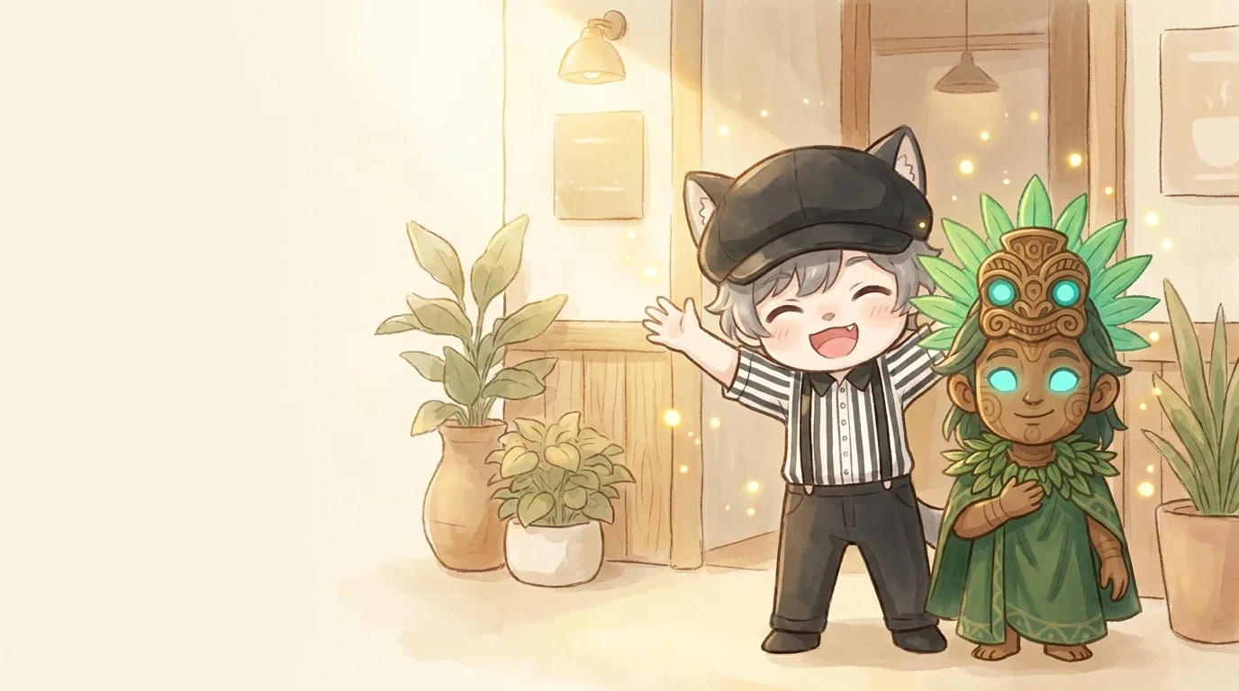 温かいカフェでテトとTikiが笑顔で歓迎するイラスト