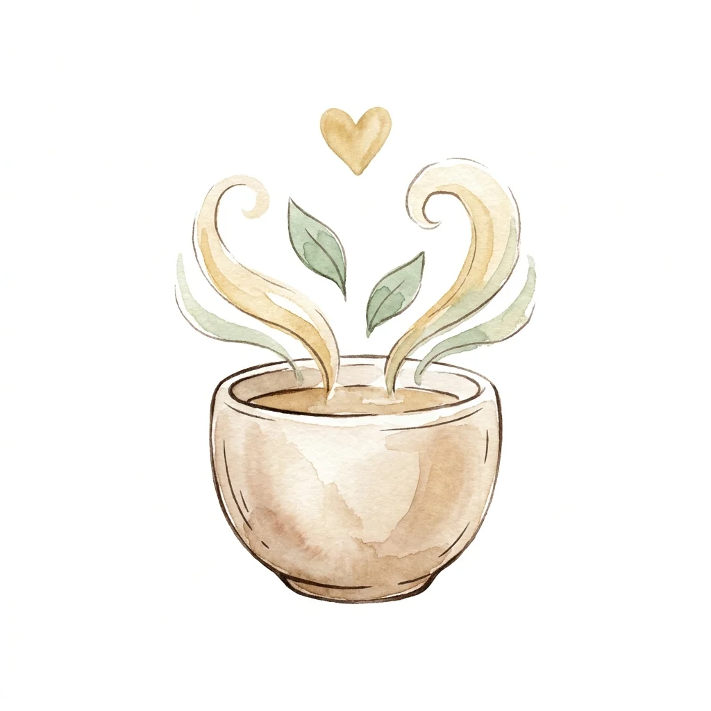 湯気と葉とハートのお茶のイラスト