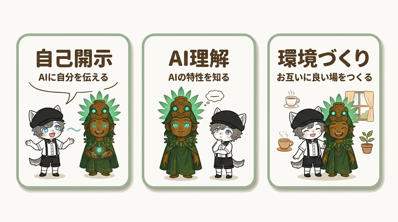 AIコミュ力の3つのポイント: 自己開示（AIに自分を伝える）、AI理解（AIの特性を知る）、環境づくり（互いにとって良い環境を追求）
