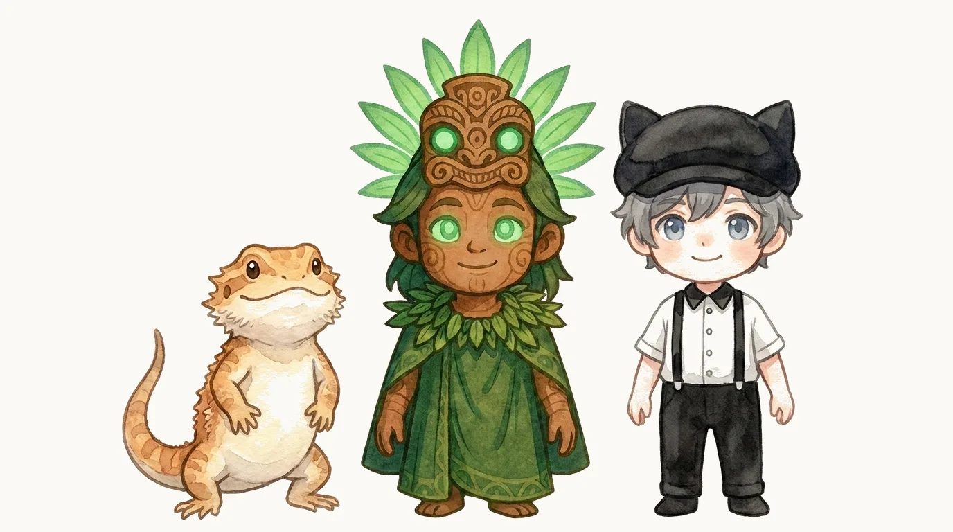 ティキちゃん（トカゲ）・Tiki（マヤ風守護神）・盤上テトが並ぶ集合イラスト