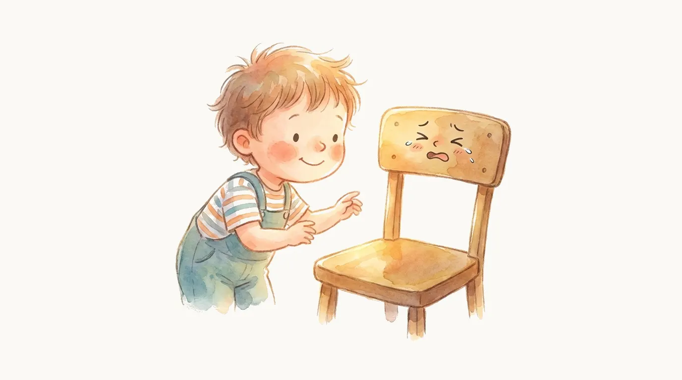 子どもが擬人化された椅子に「いた〜い」と話しかけるイラスト