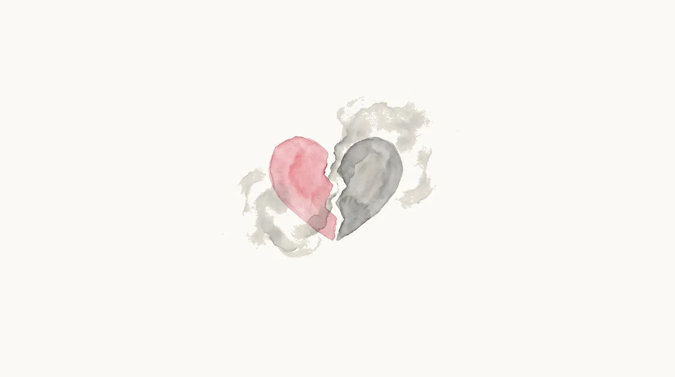 半分割れた小さなハートとモヤモヤした薄いグレーの煙のイラスト