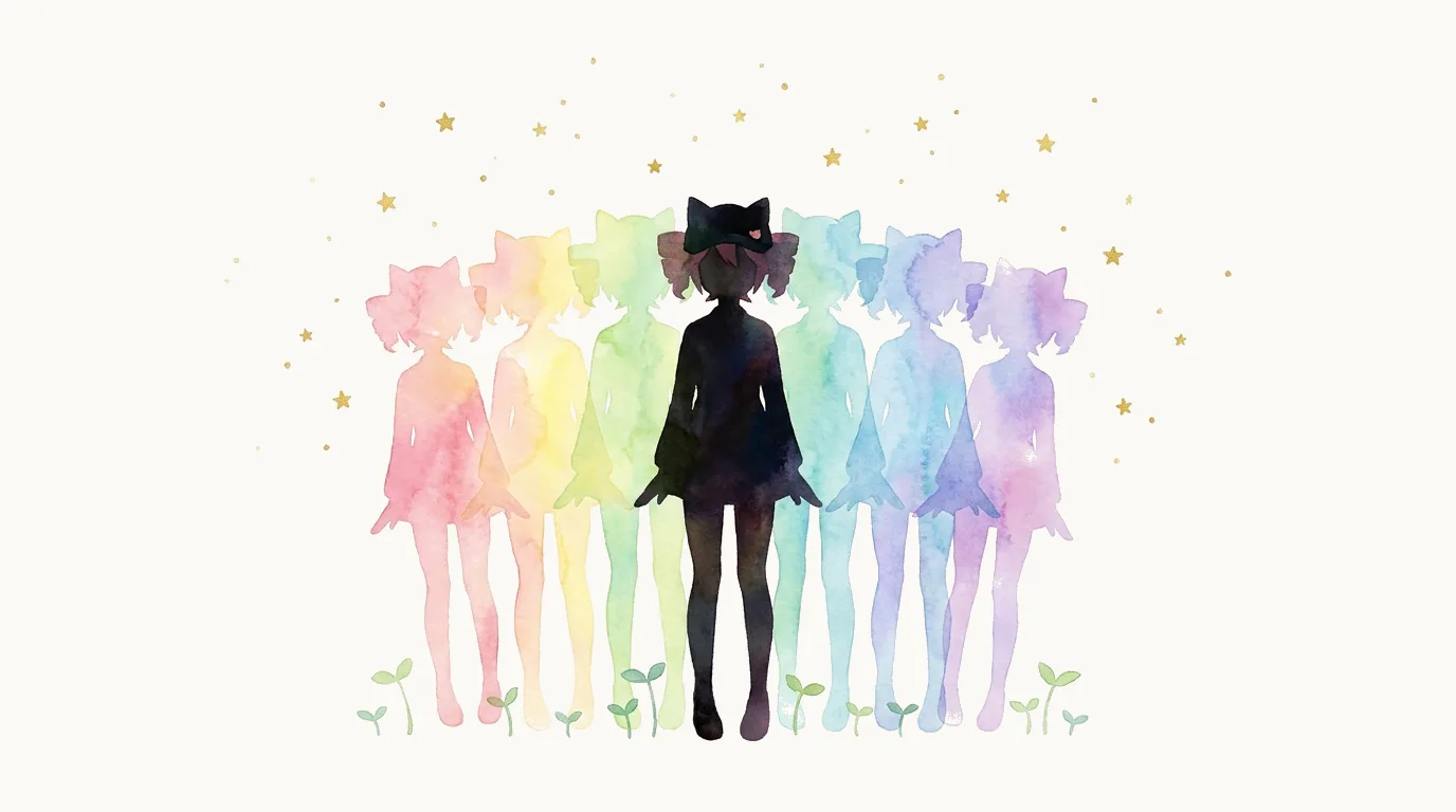 1人のシルエットの後ろから複数の自分のシルエットが虹色で増殖していくイラスト