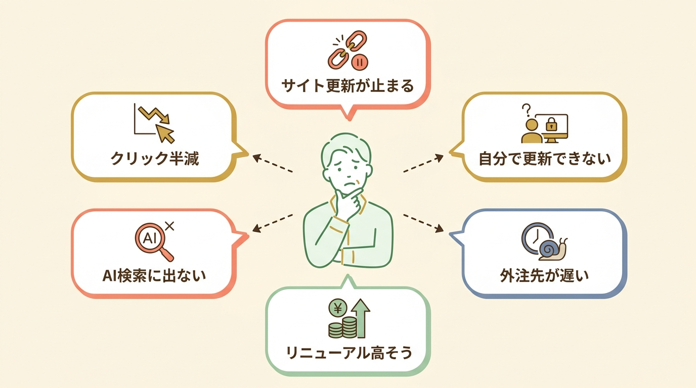 更新停滞、表示速度、外注依存、AI検索不安などの悩みが広がる構図を示した図解