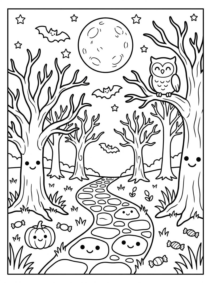 Medium Spooky Forest Friendly coloring page