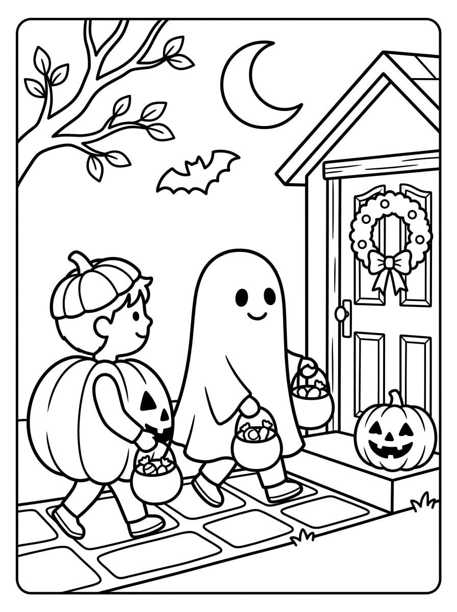 Medium Trick Or Treating Scene coloring page
